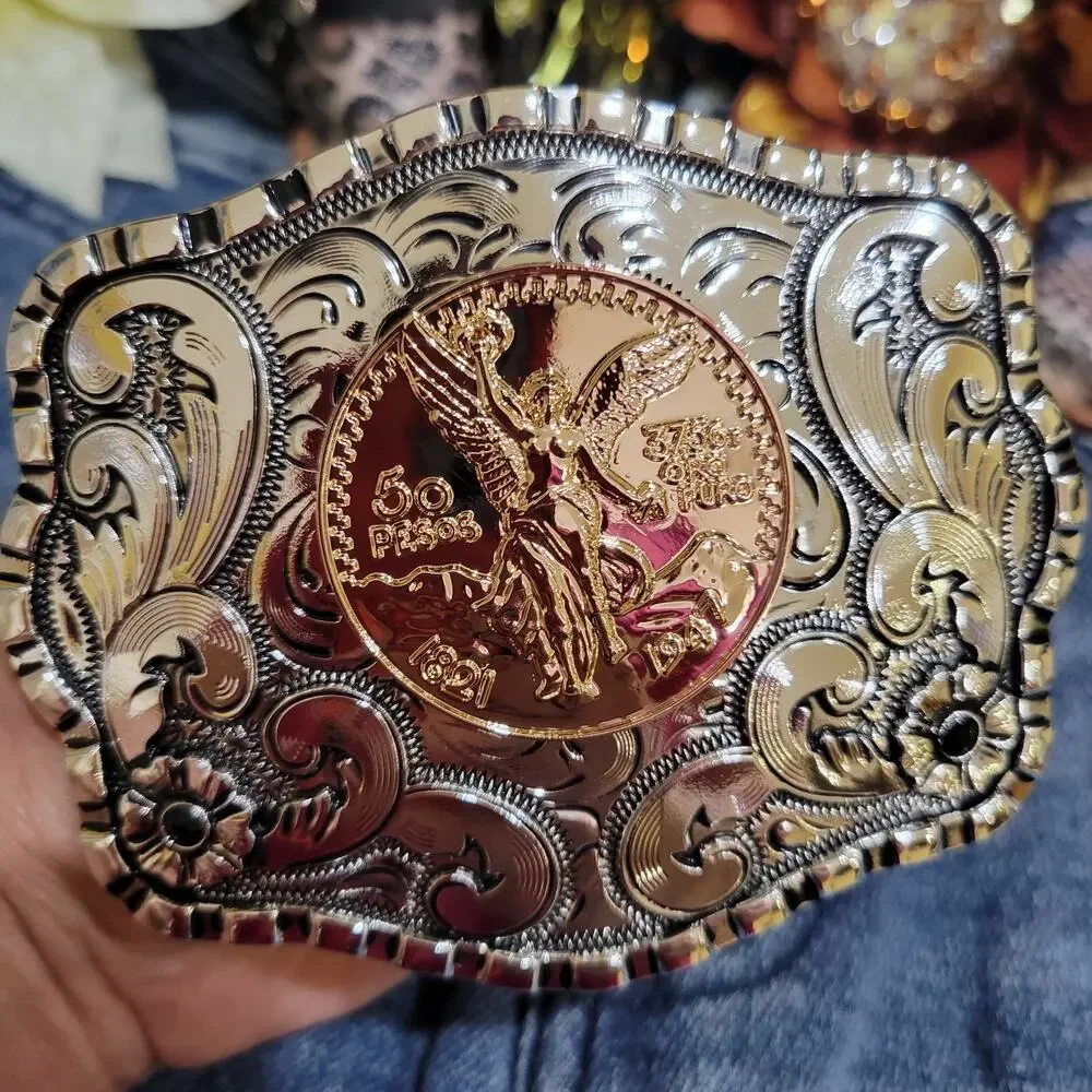 Centenario Cowboy Belt Buckle Western Silver With RoseTone Faux 50 Peso Concho